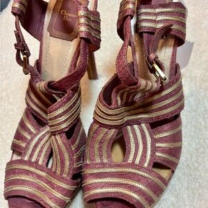 Dior Burgundy and Gold Strappy Leather Heel Sandals